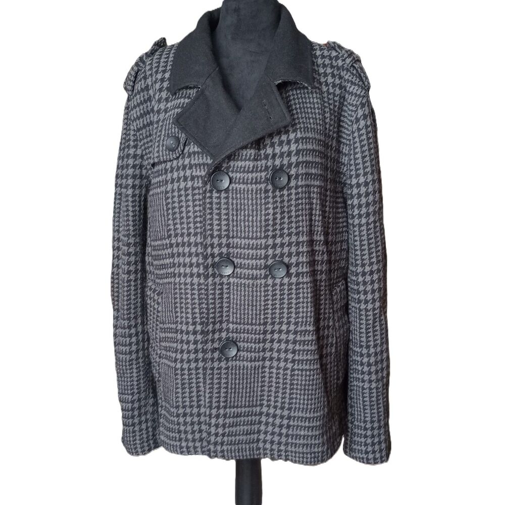 Guess Women's Size XLarge Black & Gray Plaid Wool Blend Peacoat
